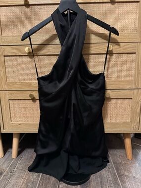 DO+BE Black Satin Mini Dress with Halter Twist